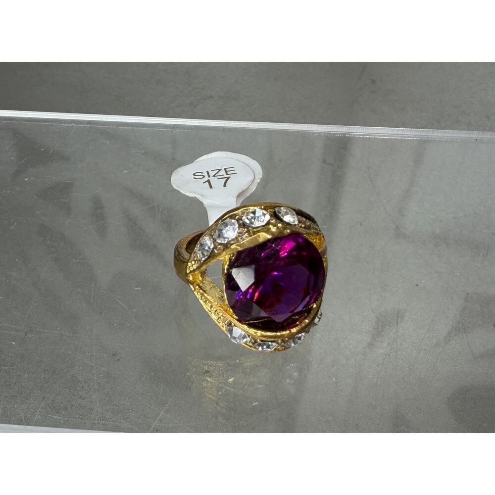 Vintage Ring Amethyst Purple Gold Electroplated Statement Large Size 6.75